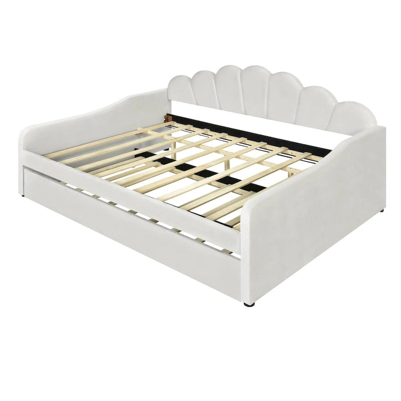 Lit de repos pleine grandeur avec cadre rembourré, canapé-lit avec dossier en forme de coquille et lit gigogne coulissant, canapé-lit en velours pour salon.