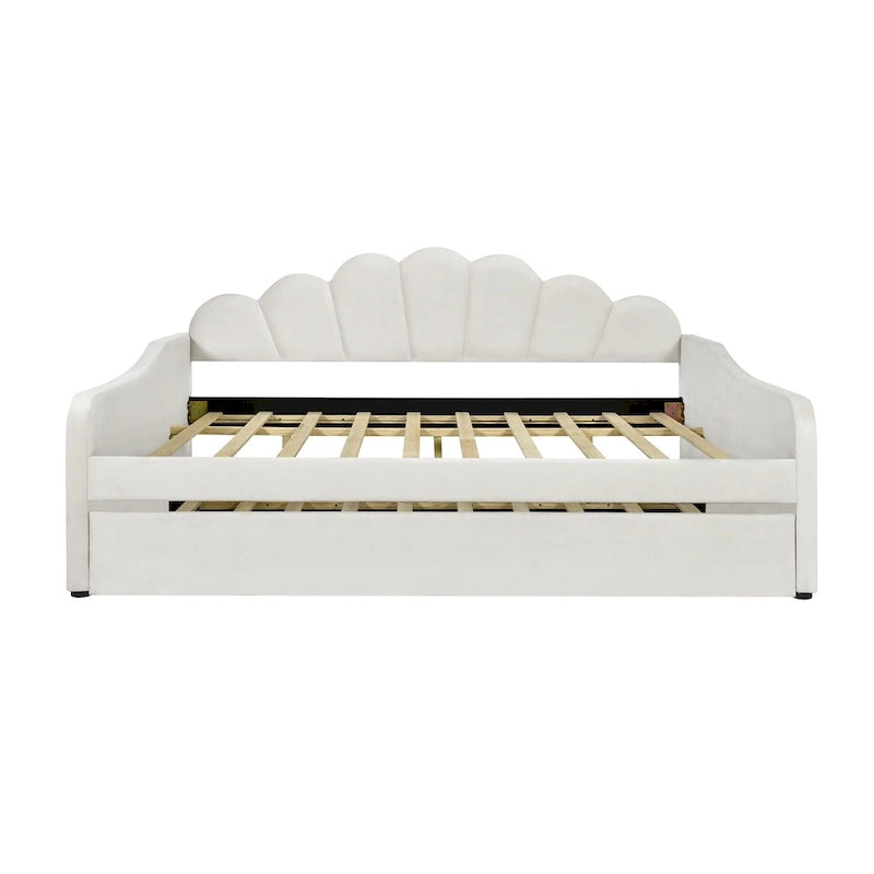 Lit de repos pleine grandeur avec cadre rembourré, canapé-lit avec dossier en forme de coquille et lit gigogne coulissant, canapé-lit en velours pour salon.