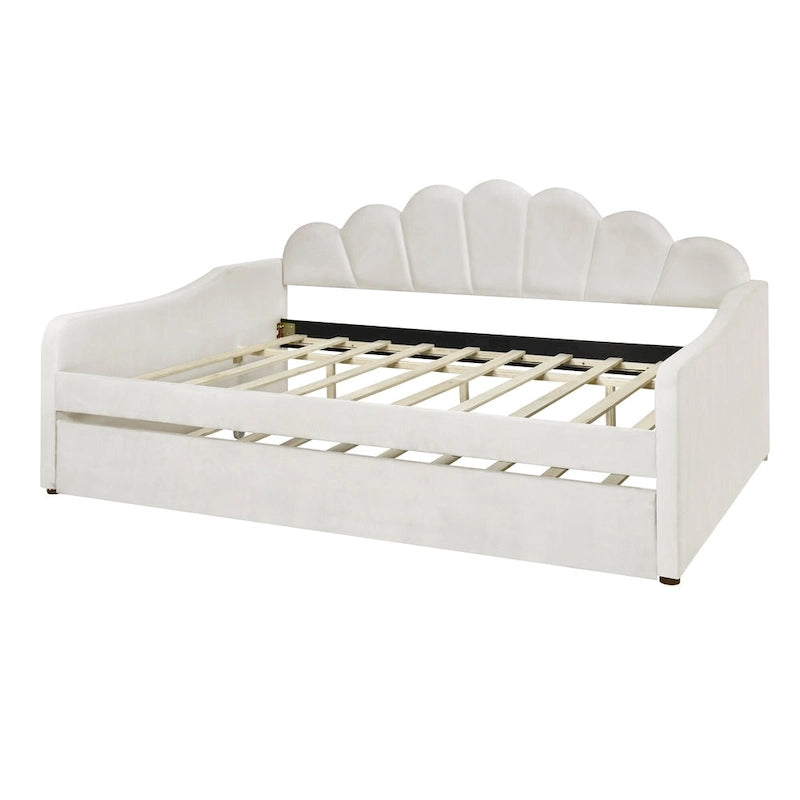 Lit de repos pleine grandeur avec cadre rembourré, canapé-lit avec dossier en forme de coquille et lit gigogne coulissant, canapé-lit en velours pour salon.