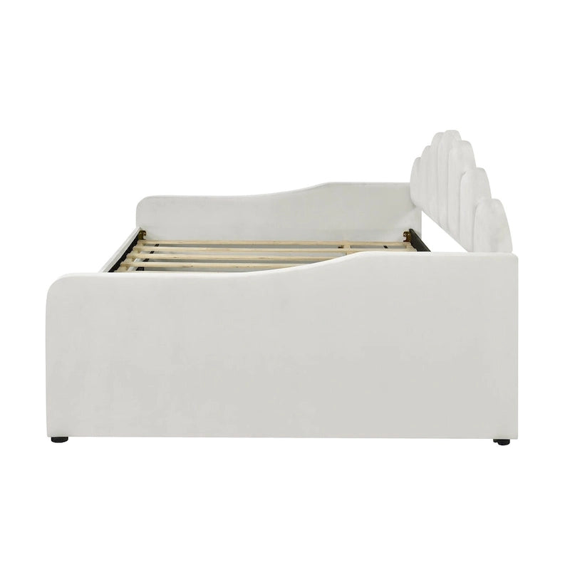 Lit de repos pleine grandeur avec cadre rembourré, canapé-lit avec dossier en forme de coquille et lit gigogne coulissant, canapé-lit en velours pour salon.