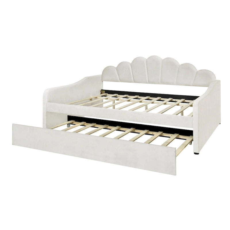 Lit de repos pleine grandeur avec cadre rembourré, canapé-lit avec dossier en forme de coquille et lit gigogne coulissant, canapé-lit en velours pour salon.