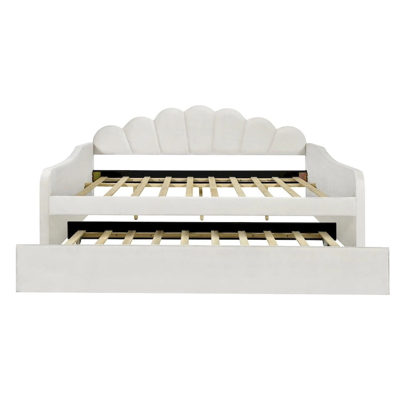 Lit de repos pleine grandeur avec cadre rembourré, canapé-lit avec dossier en forme de coquille et lit gigogne coulissant, canapé-lit en velours pour salon.