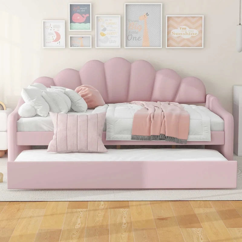Lit de repos pleine grandeur avec cadre rembourré, canapé-lit avec dossier en forme de coquille et lit gigogne coulissant, canapé-lit en velours pour salon.