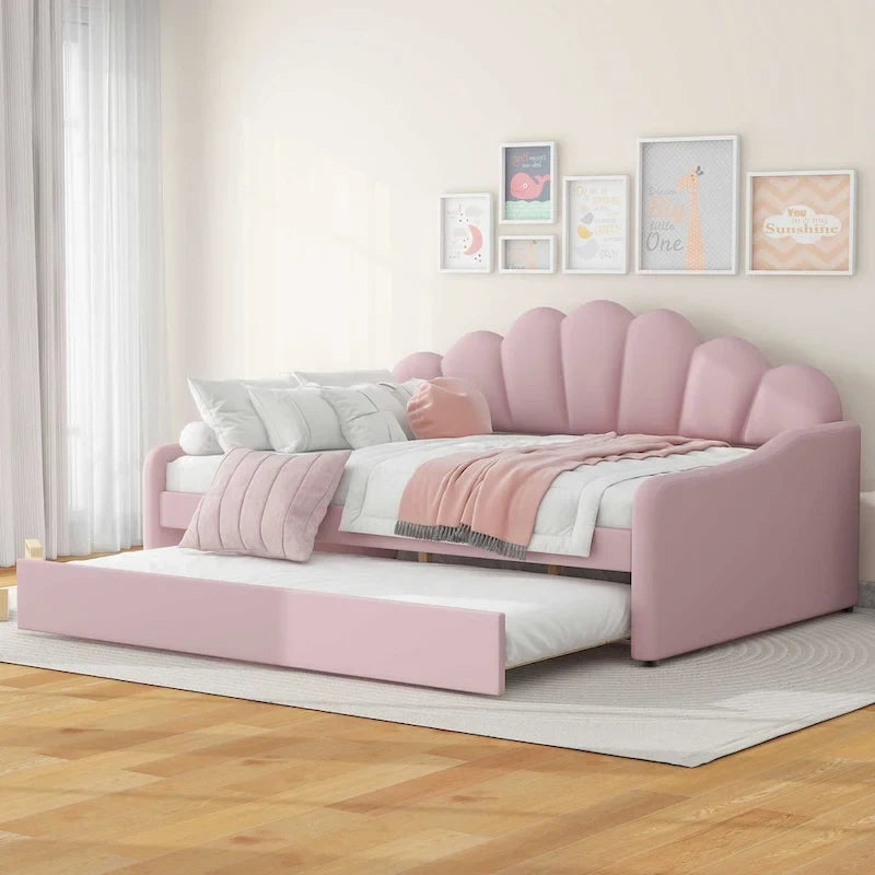 Lit de repos pleine grandeur avec cadre rembourré, canapé-lit avec dossier en forme de coquille et lit gigogne coulissant, canapé-lit en velours pour salon.