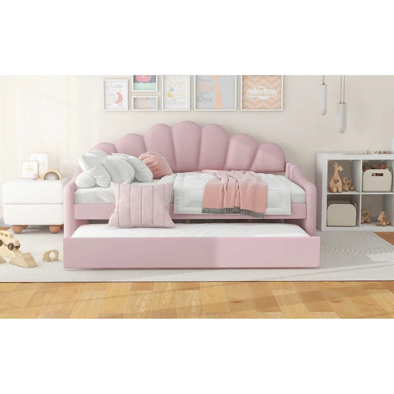 Lit de repos pleine grandeur avec cadre rembourré, canapé-lit avec dossier en forme de coquille et lit gigogne coulissant, canapé-lit en velours pour salon.