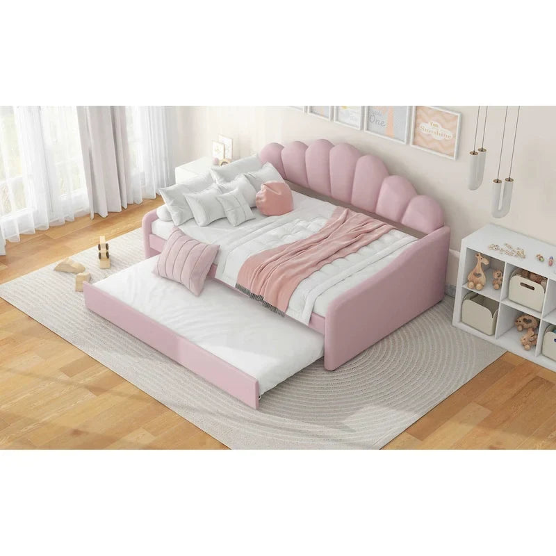 Lit de repos pleine grandeur avec cadre rembourré, canapé-lit avec dossier en forme de coquille et lit gigogne coulissant, canapé-lit en velours pour salon.