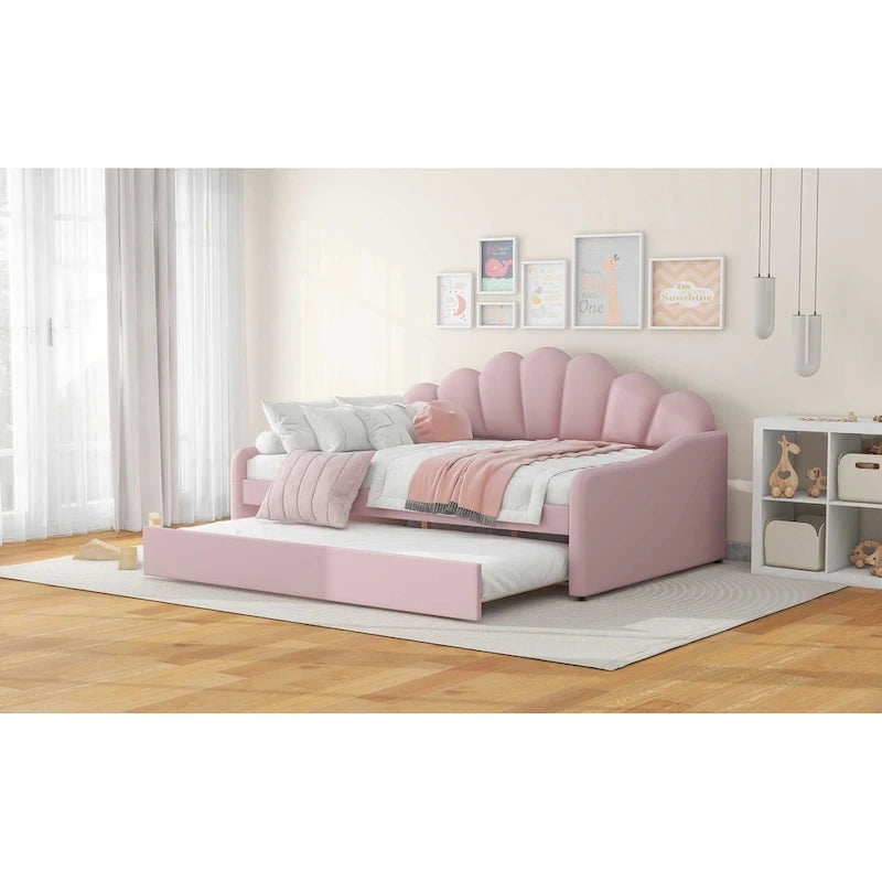 Lit de repos pleine grandeur avec cadre rembourré, canapé-lit avec dossier en forme de coquille et lit gigogne coulissant, canapé-lit en velours pour salon.