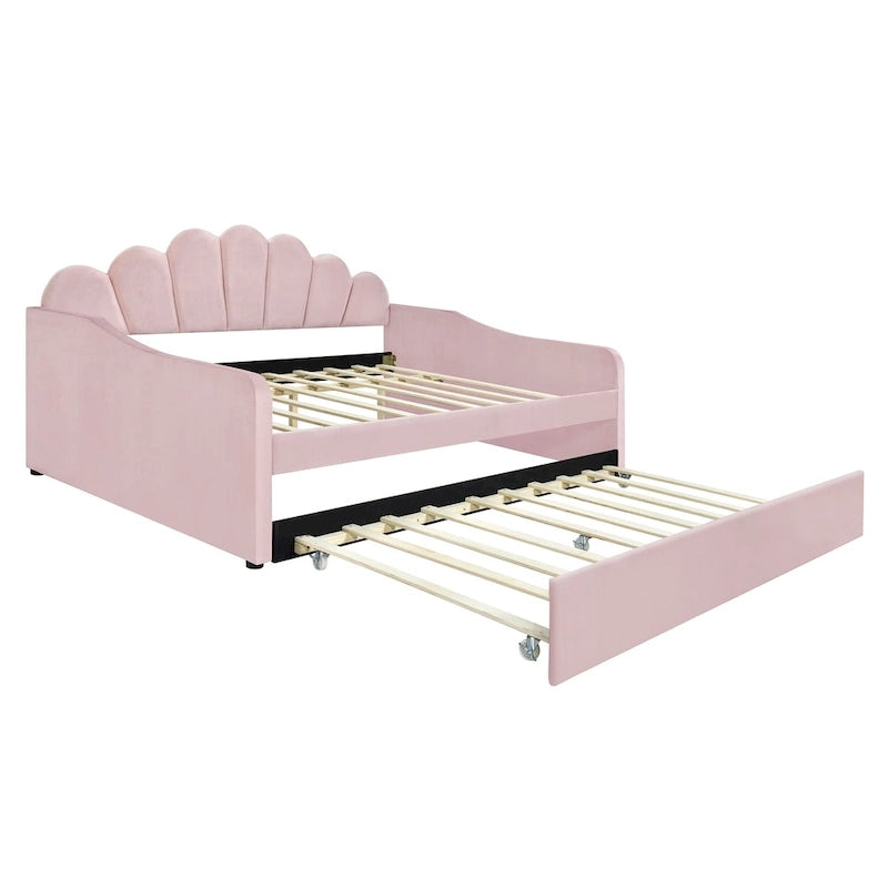 Lit de repos pleine grandeur avec cadre rembourré, canapé-lit avec dossier en forme de coquille et lit gigogne coulissant, canapé-lit en velours pour salon.