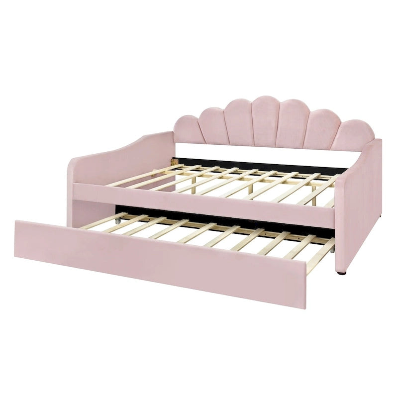 Lit de repos pleine grandeur avec cadre rembourré, canapé-lit avec dossier en forme de coquille et lit gigogne coulissant, canapé-lit en velours pour salon.