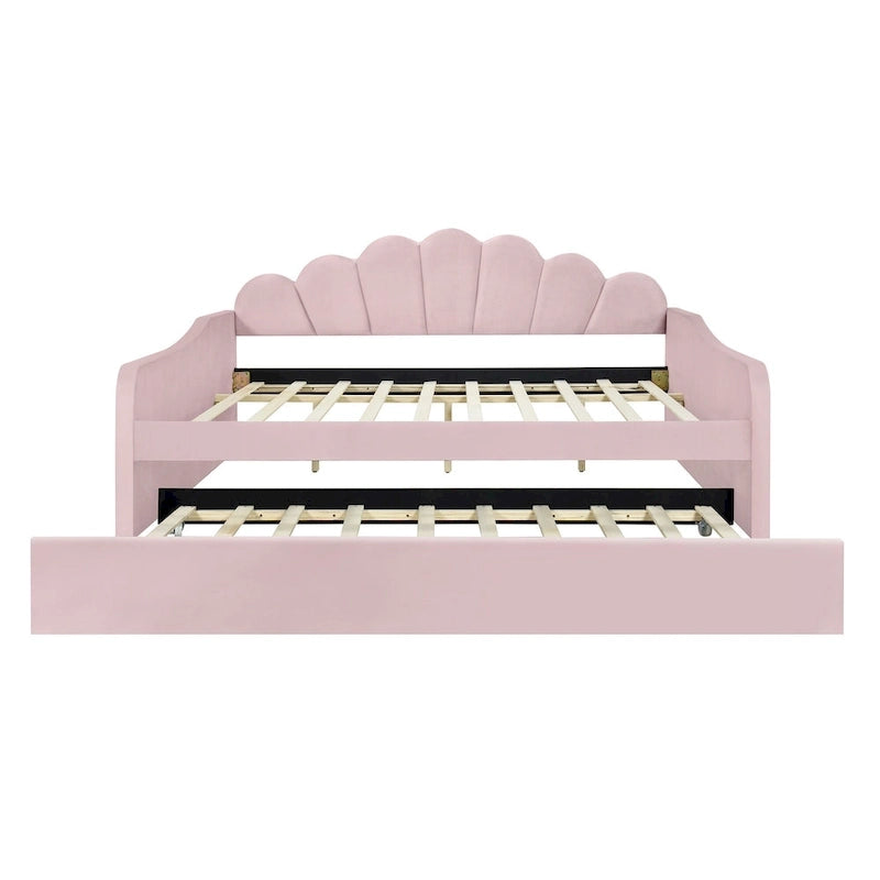 Lit de repos pleine grandeur avec cadre rembourré, canapé-lit avec dossier en forme de coquille et lit gigogne coulissant, canapé-lit en velours pour salon.