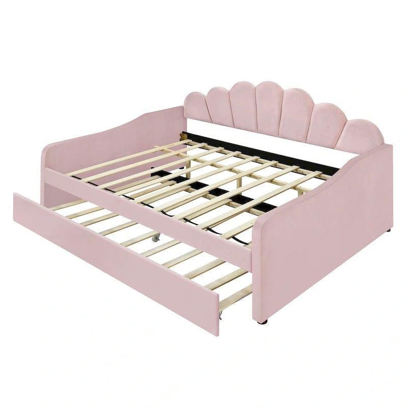 Lit de repos pleine grandeur avec cadre rembourré, canapé-lit avec dossier en forme de coquille et lit gigogne coulissant, canapé-lit en velours pour salon.
