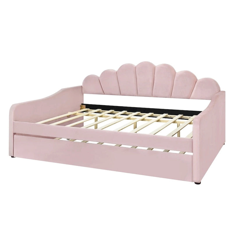 Lit de repos pleine grandeur avec cadre rembourré, canapé-lit avec dossier en forme de coquille et lit gigogne coulissant, canapé-lit en velours pour salon.