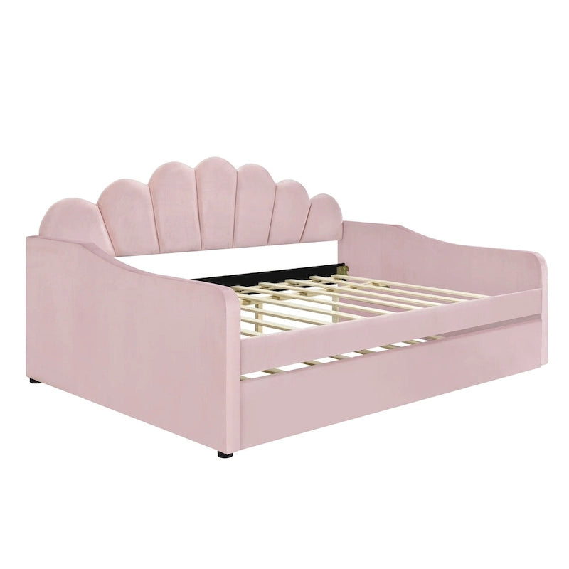 Lit de repos pleine grandeur avec cadre rembourré, canapé-lit avec dossier en forme de coquille et lit gigogne coulissant, canapé-lit en velours pour salon.