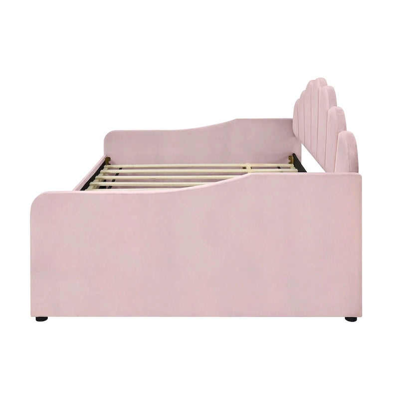 Lit de repos pleine grandeur avec cadre rembourré, canapé-lit avec dossier en forme de coquille et lit gigogne coulissant, canapé-lit en velours pour salon.