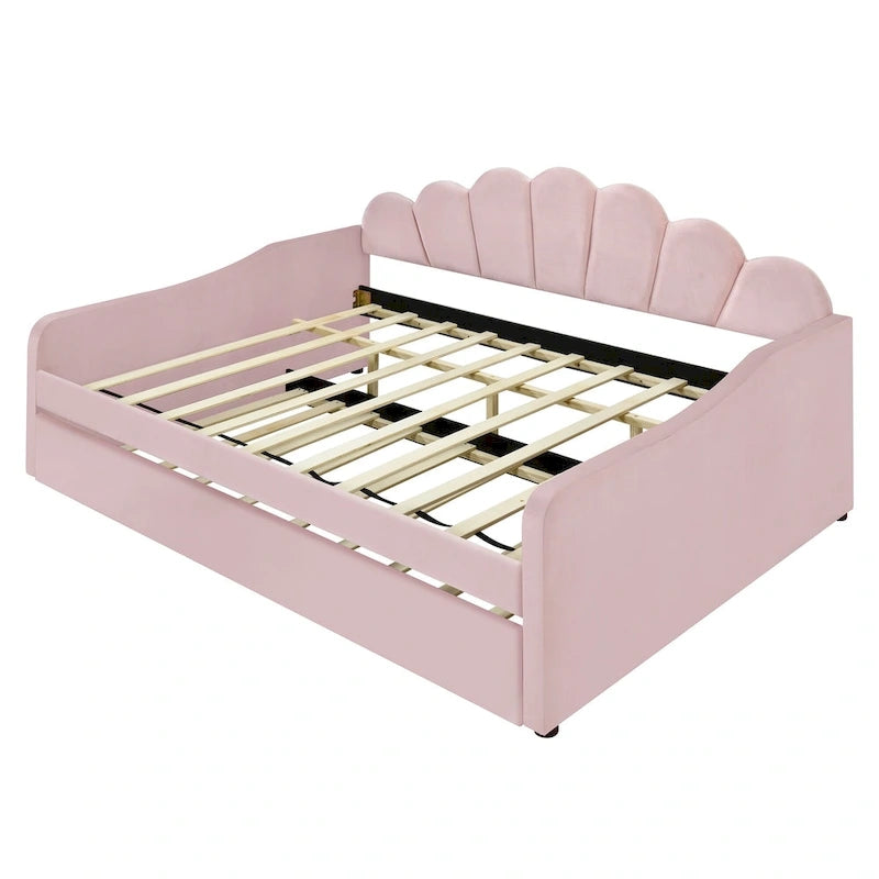 Lit de repos pleine grandeur avec cadre rembourré, canapé-lit avec dossier en forme de coquille et lit gigogne coulissant, canapé-lit en velours pour salon.