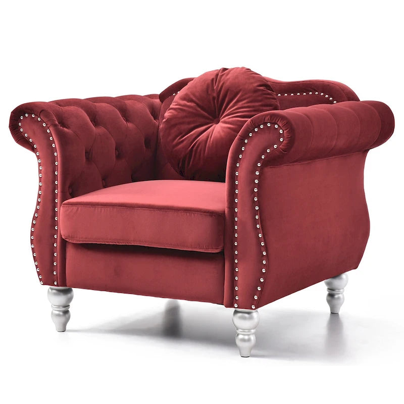 Fauteuil d'appoint capitonné en velours rouge uni de 99 cm avec coussin rond