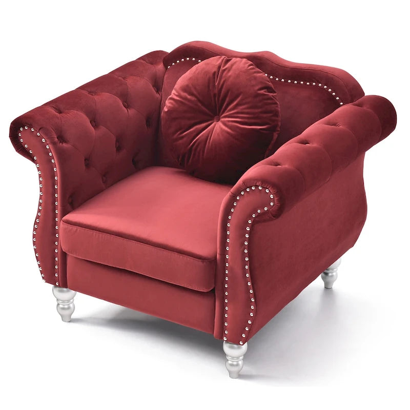 Fauteuil d'appoint capitonné en velours rouge uni de 99 cm avec coussin rond