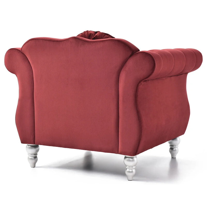 Fauteuil d'appoint capitonné en velours rouge uni de 99 cm avec coussin rond