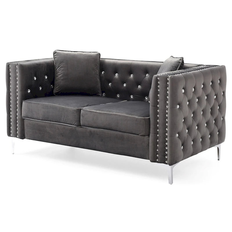 Canapé 2 places en velours touffeté avec clous décoratifs et coussins - 63 - Gris