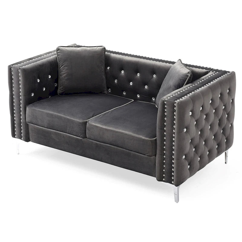 Canapé 2 places en velours touffeté avec clous décoratifs et coussins - 63 - Gris