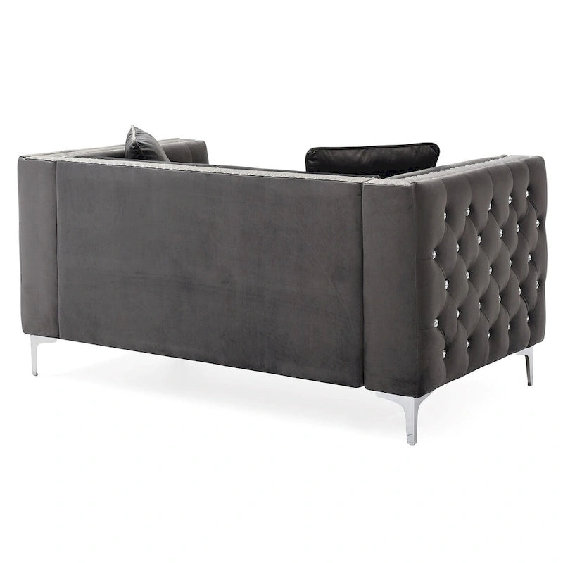 Canapé 2 places en velours touffeté avec clous décoratifs et coussins - 63 - Gris
