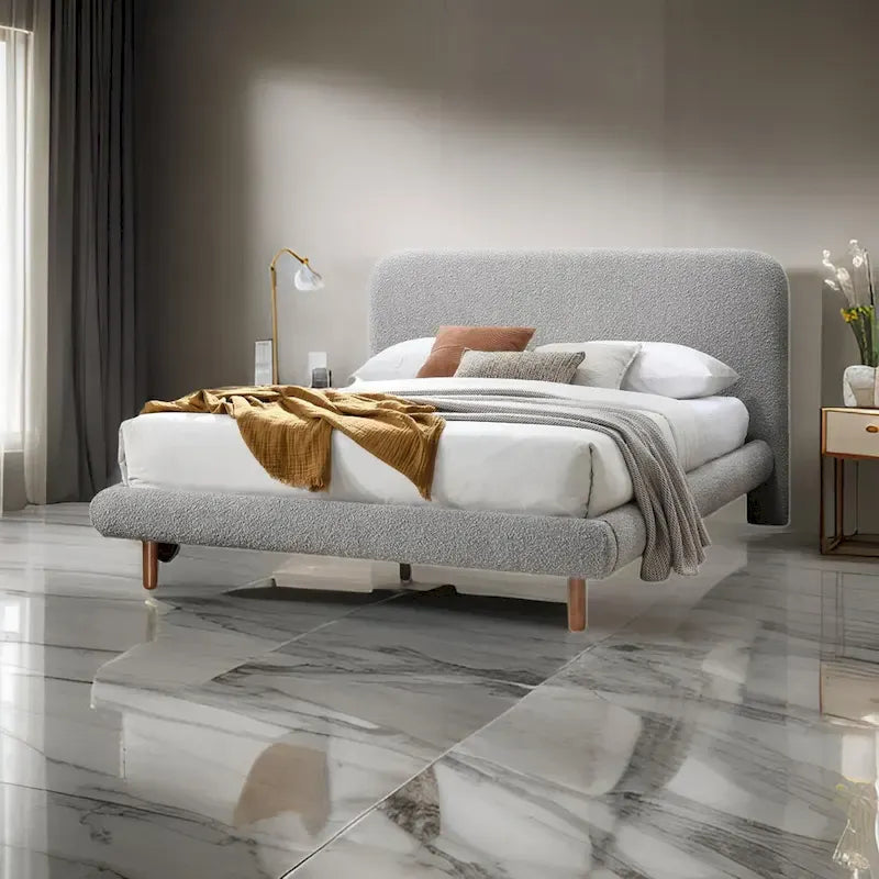 Damazy King Size Bed, Curved Edges, Gray Boucle Upholstery, Brown Wood