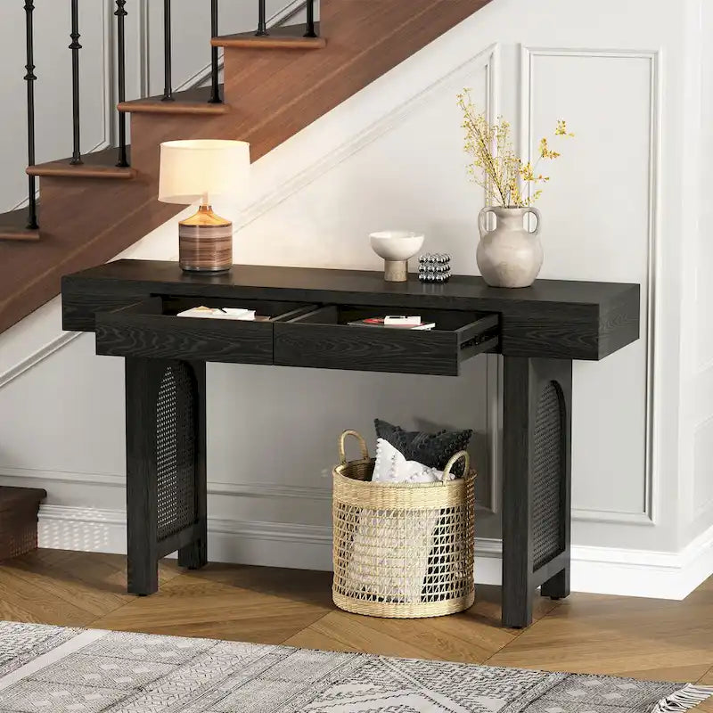 Console étroite avec accent en rotin (noir antique)