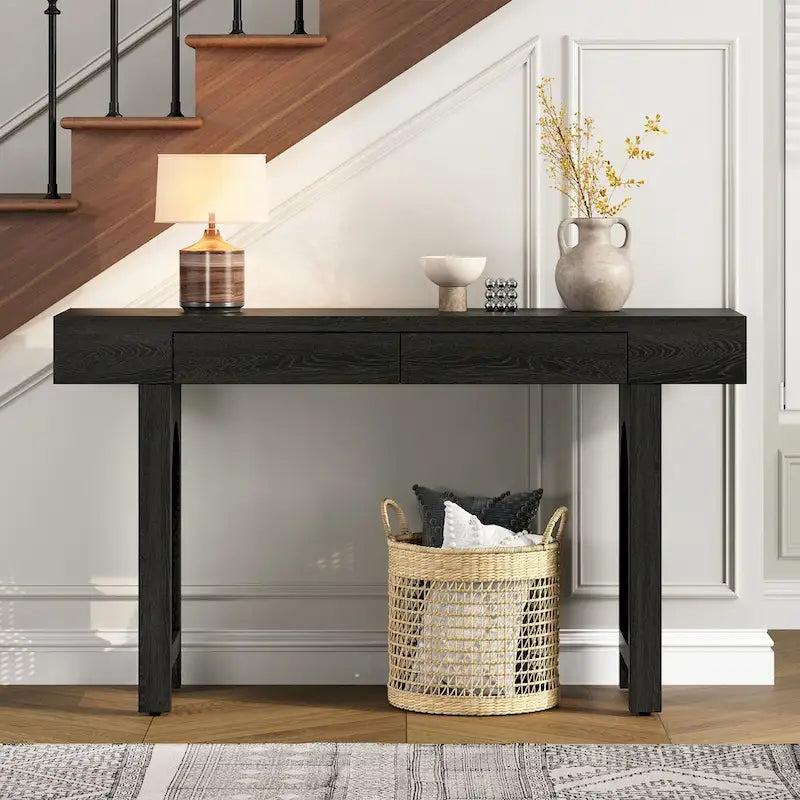 Console étroite avec accent en rotin (noir antique)