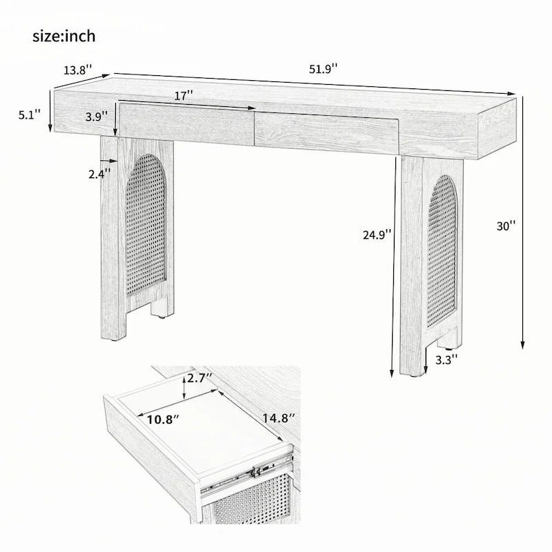 Console étroite avec accent en rotin (noir antique)