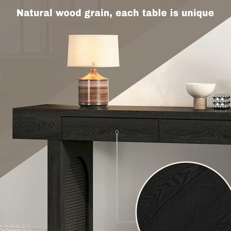 Console étroite avec accent en rotin (noir antique)