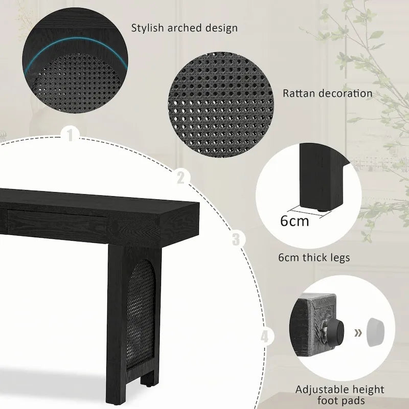 Console étroite avec accent en rotin (noir antique)