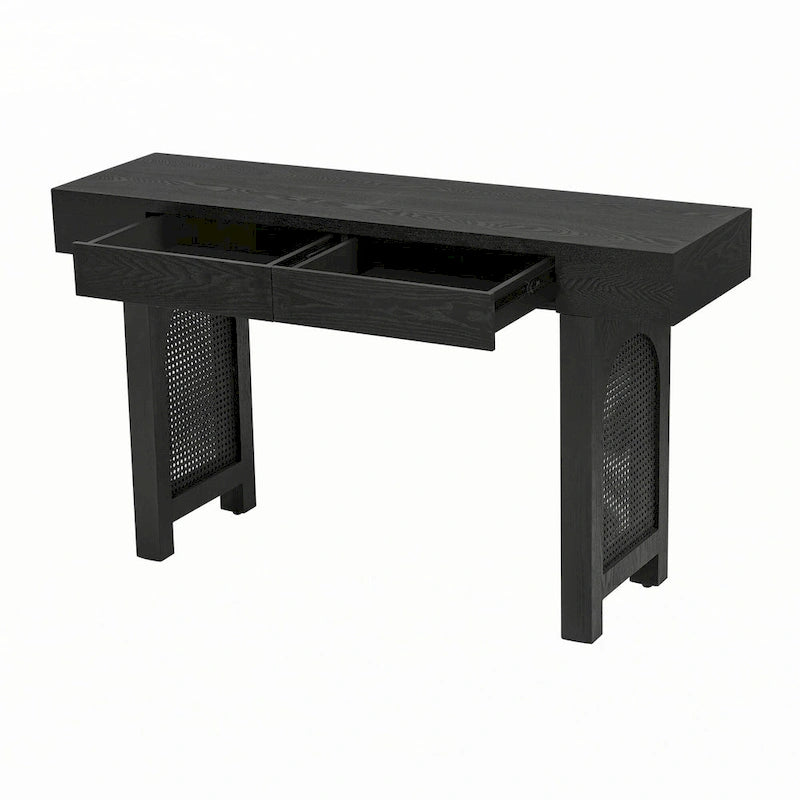 Console étroite avec accent en rotin (noir antique)