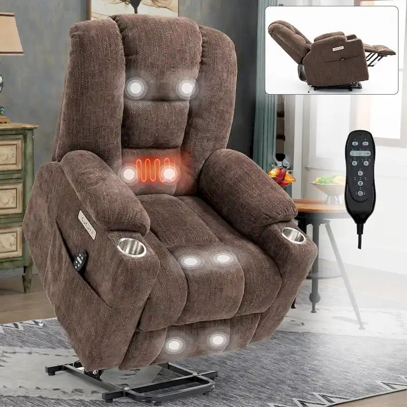 Fauteuil inclinable releveur électrique avec massage, chauffage, ports USB et 2 porte-gobelets