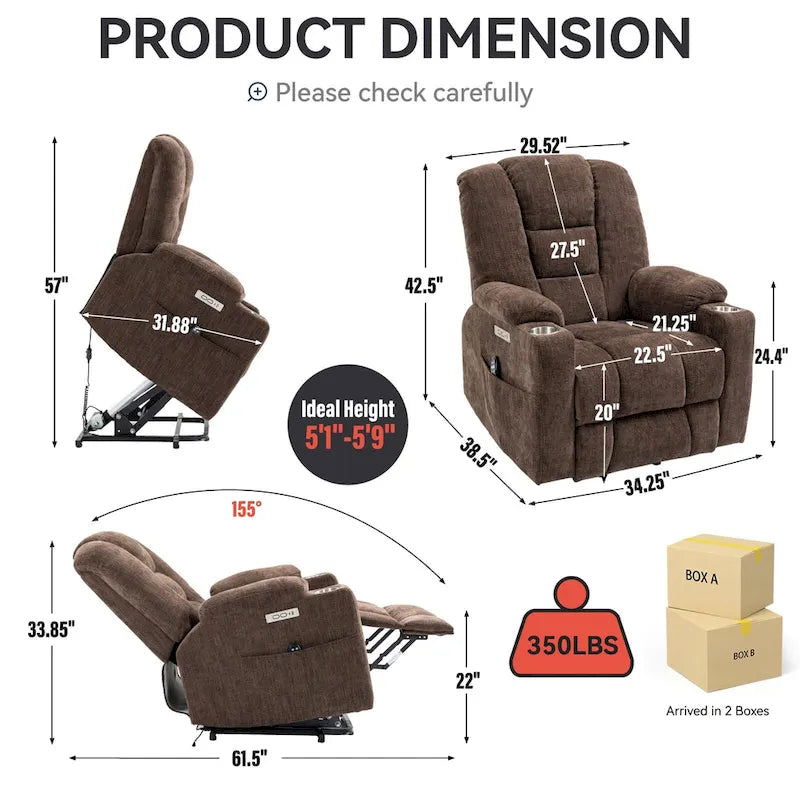Fauteuil inclinable releveur électrique avec massage, chauffage, ports USB et 2 porte-gobelets