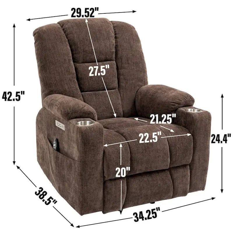Fauteuil inclinable releveur électrique avec massage, chauffage, ports USB et 2 porte-gobelets