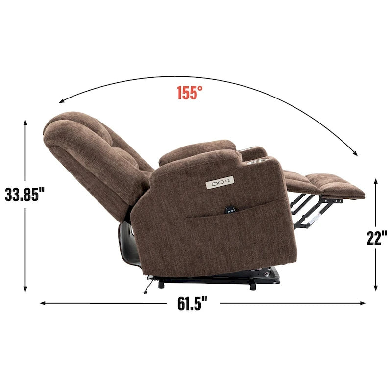 Fauteuil inclinable releveur électrique avec massage, chauffage, ports USB et 2 porte-gobelets