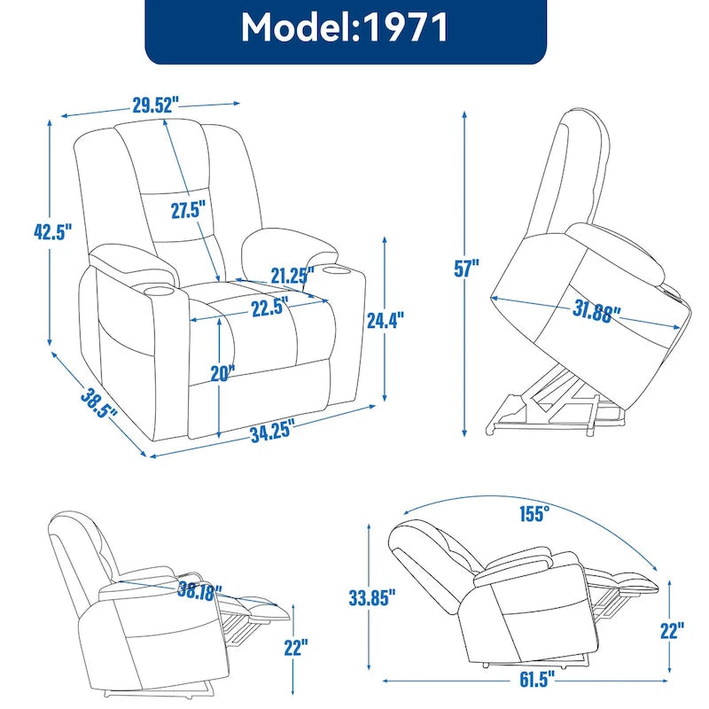 Fauteuil inclinable releveur électrique avec massage, chauffage, ports USB et 2 porte-gobelets