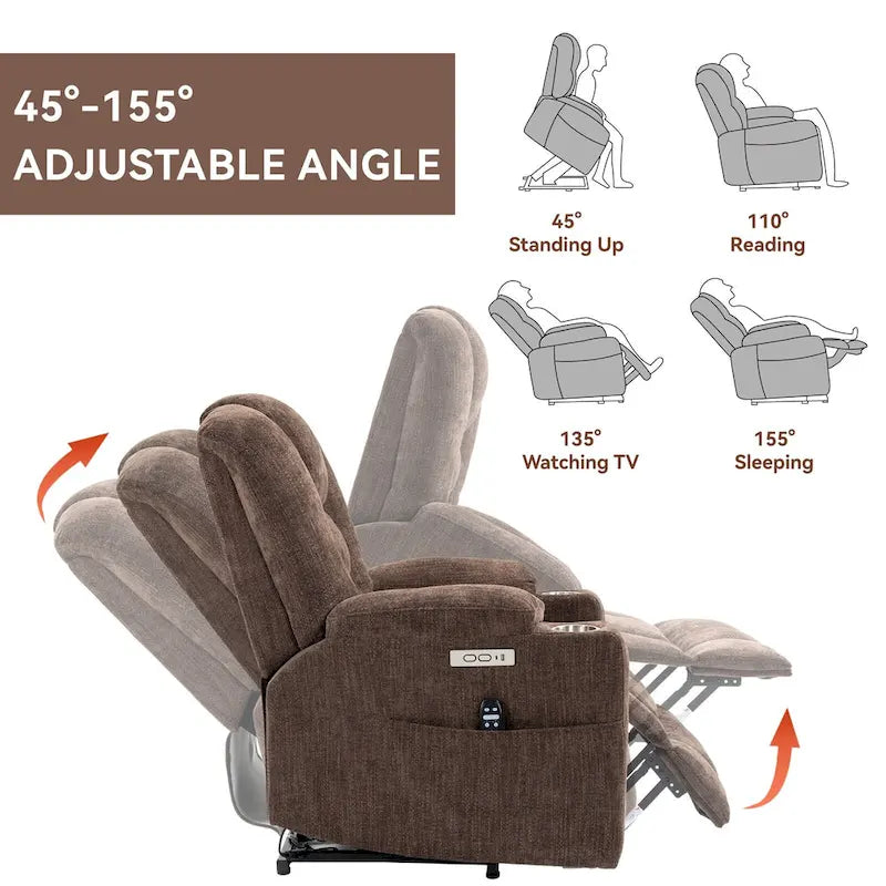 Fauteuil inclinable releveur électrique avec massage, chauffage, ports USB et 2 porte-gobelets