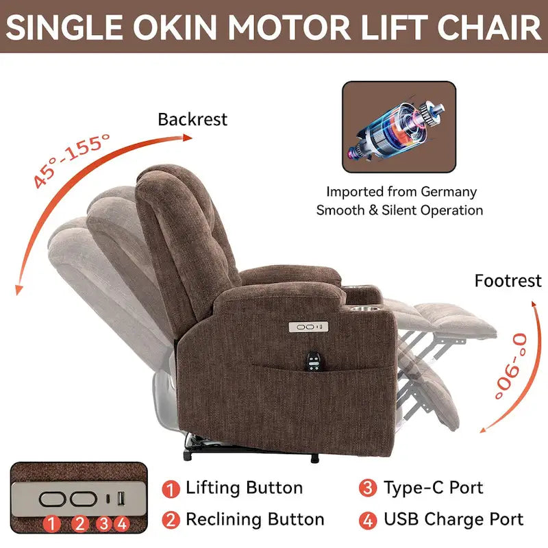 Fauteuil inclinable releveur électrique avec massage, chauffage, ports USB et 2 porte-gobelets