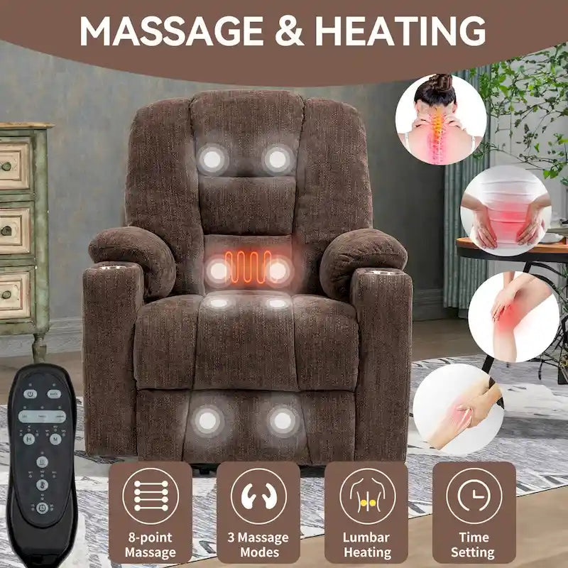 Fauteuil inclinable releveur électrique avec massage, chauffage, ports USB et 2 porte-gobelets
