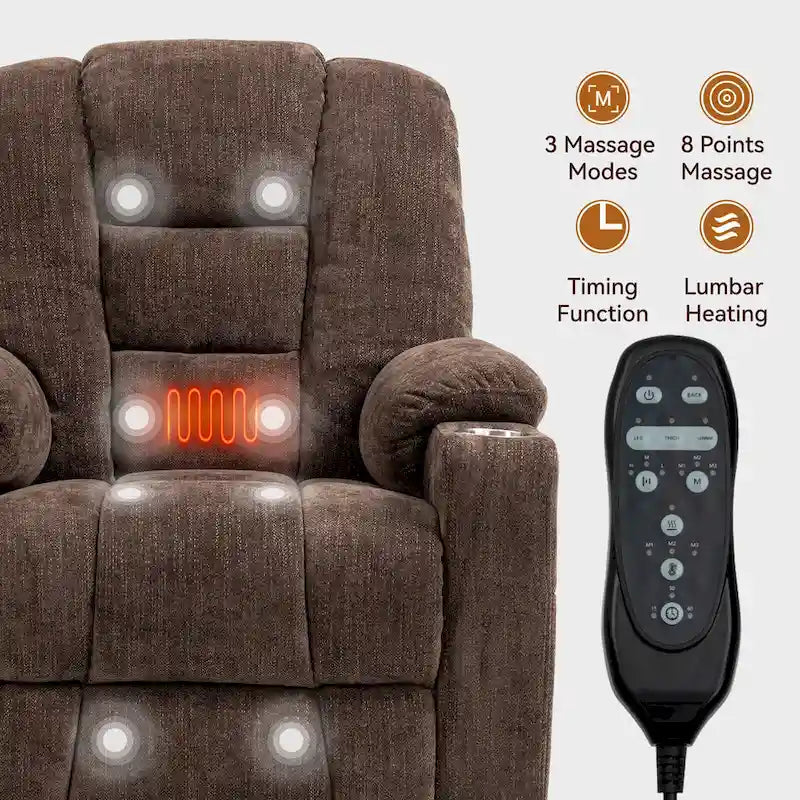 Fauteuil inclinable releveur électrique avec massage, chauffage, ports USB et 2 porte-gobelets