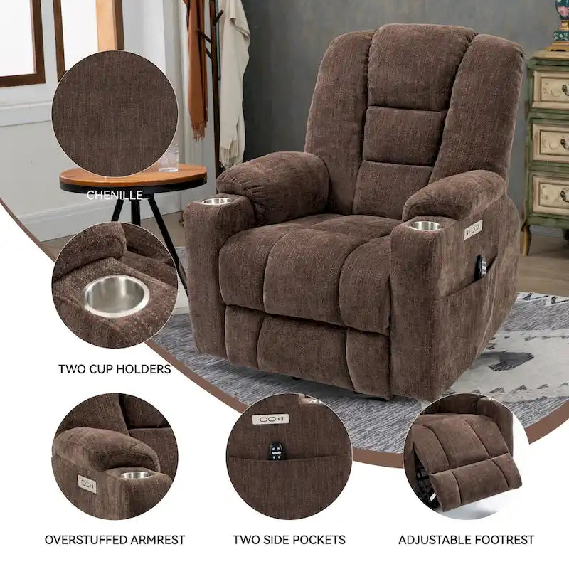 Fauteuil inclinable releveur électrique avec massage, chauffage, ports USB et 2 porte-gobelets