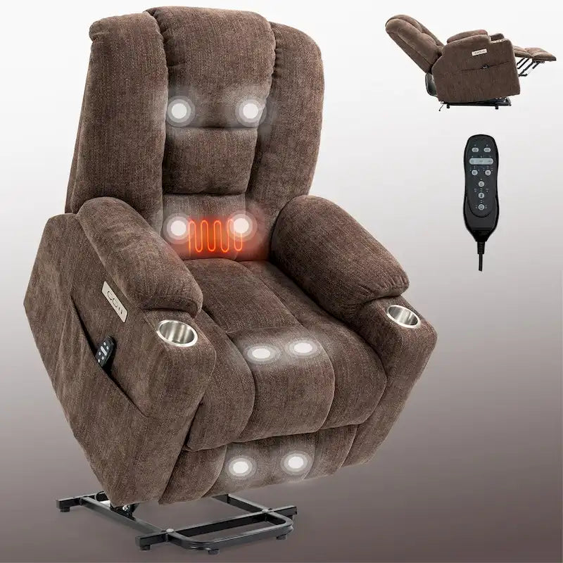 Fauteuil inclinable releveur électrique avec massage, chauffage, ports USB et 2 porte-gobelets
