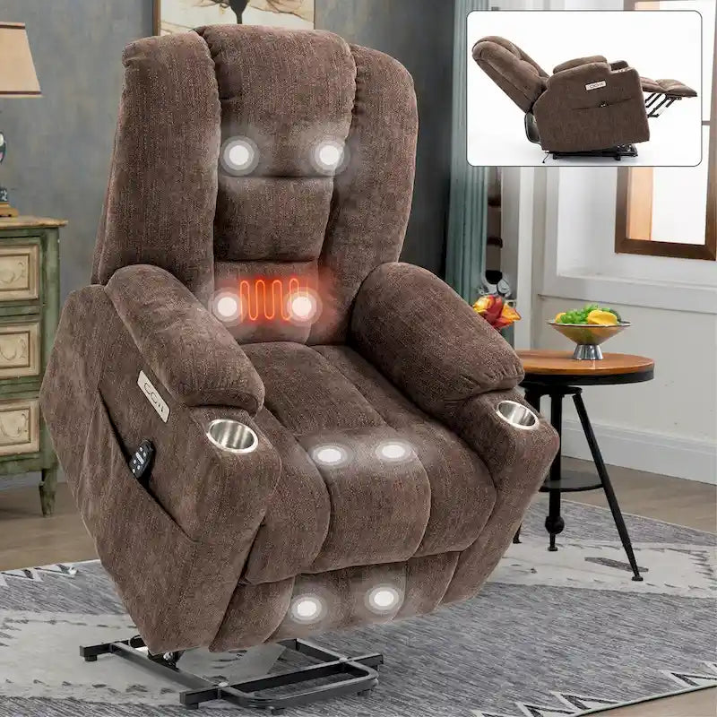 Fauteuil inclinable releveur électrique avec massage, chauffage, ports USB et 2 porte-gobelets
