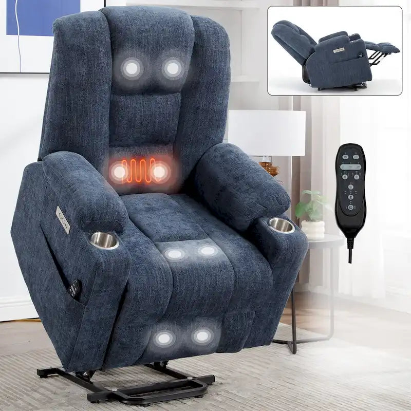 Fauteuil inclinable releveur électrique avec massage, chauffage, ports USB et 2 porte-gobelets