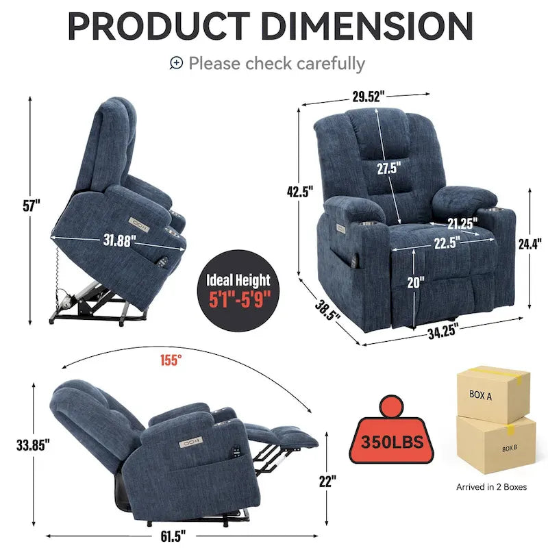 Fauteuil inclinable releveur électrique avec massage, chauffage, ports USB et 2 porte-gobelets
