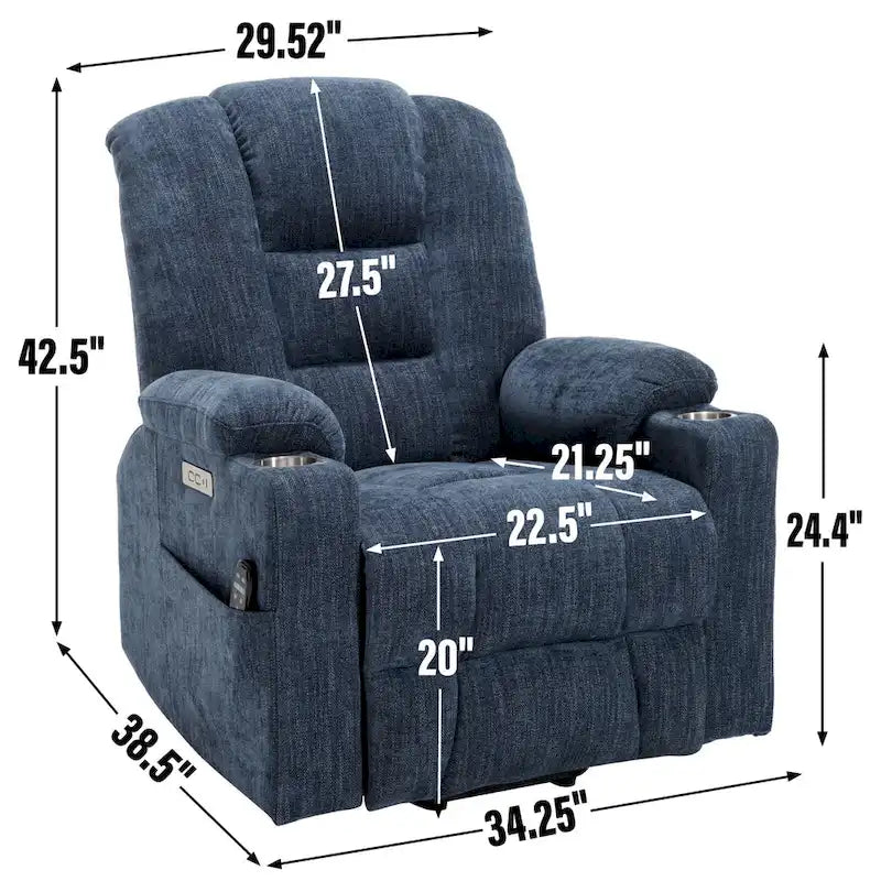 Fauteuil inclinable releveur électrique avec massage, chauffage, ports USB et 2 porte-gobelets