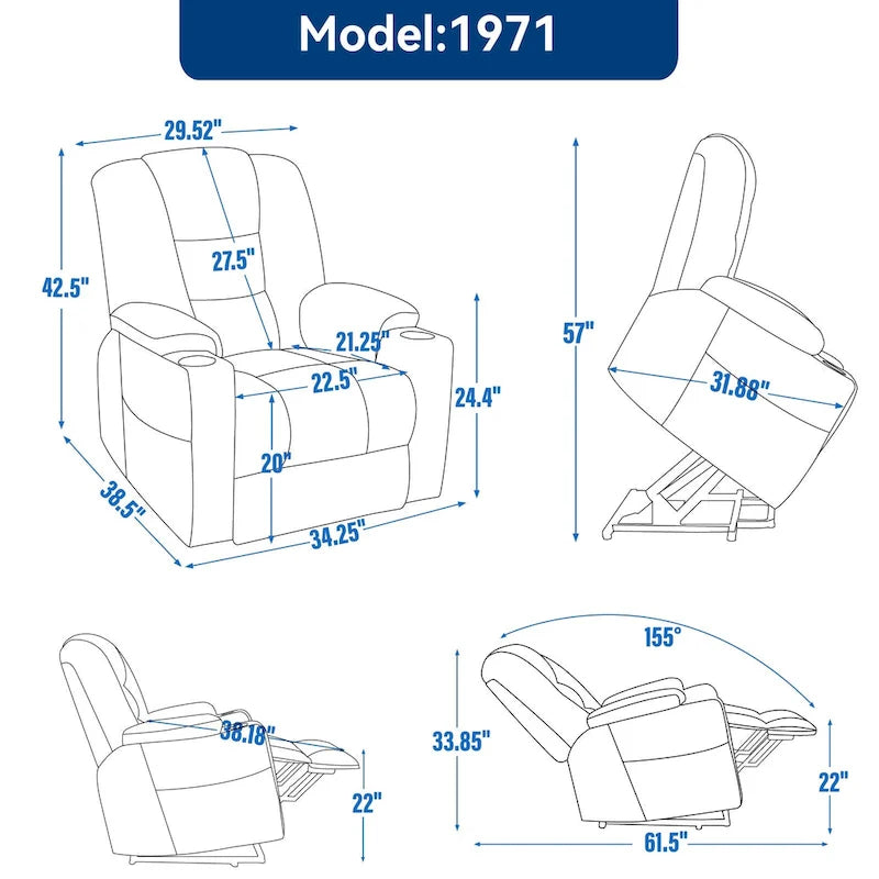 Fauteuil inclinable releveur électrique avec massage, chauffage, ports USB et 2 porte-gobelets