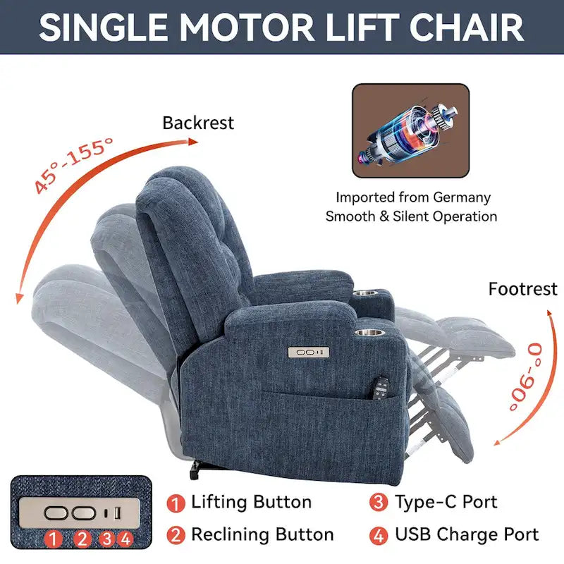 Fauteuil inclinable releveur électrique avec massage, chauffage, ports USB et 2 porte-gobelets