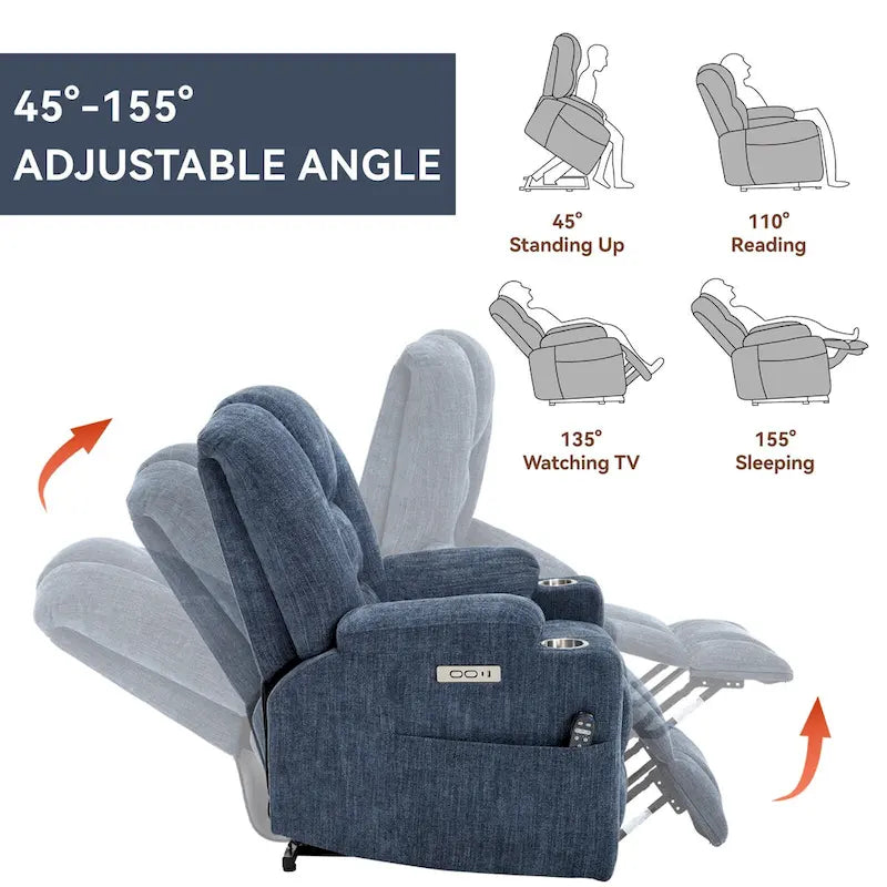 Fauteuil inclinable releveur électrique avec massage, chauffage, ports USB et 2 porte-gobelets